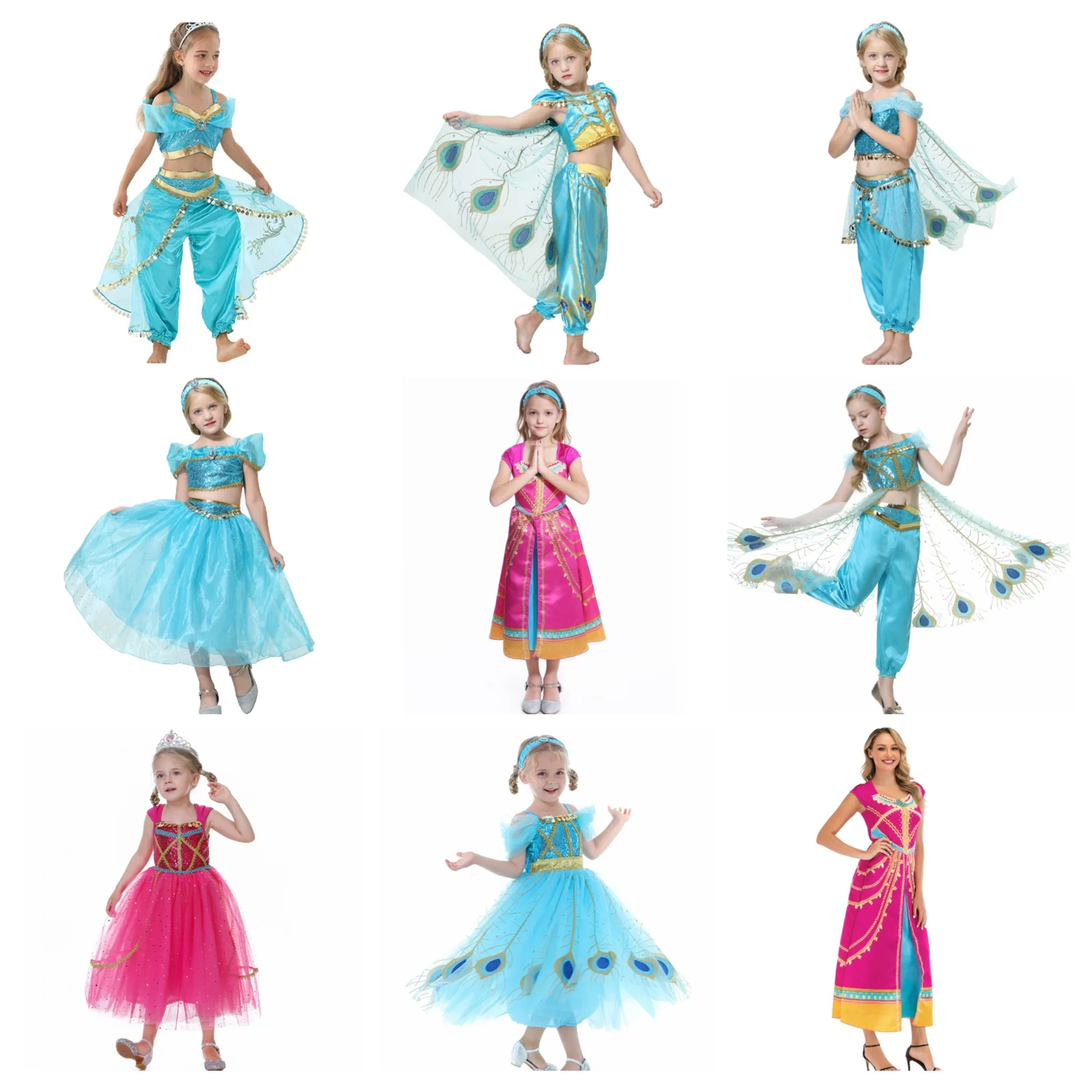 Jasmine Toddle Arabian Long Sleeves Blue Princess Dress Up Outfit Birthday Cosplay Party Anime Costumes for Little Girls Kids