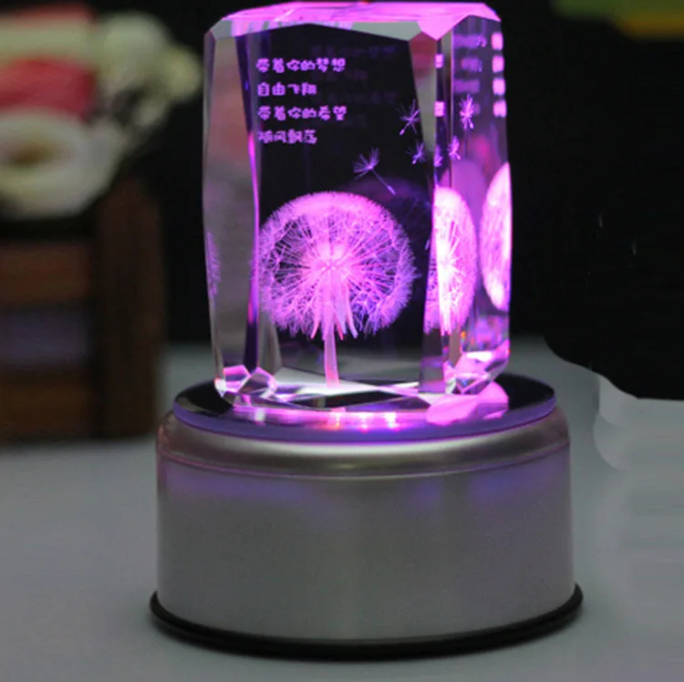 Honor of crystal Custom Design Birthday Souvenir Gift Rotating Light Base Led Crystal Cube 3d Laser Engraved Crystal Glass Cube