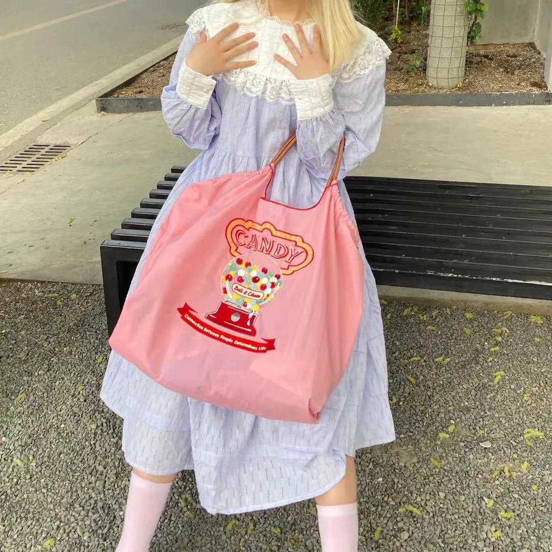 Embroidery Tote Bag Big Nylon Shopping Bag Nylon Foldable Reusable Shopping Bag for Women Lady Girls