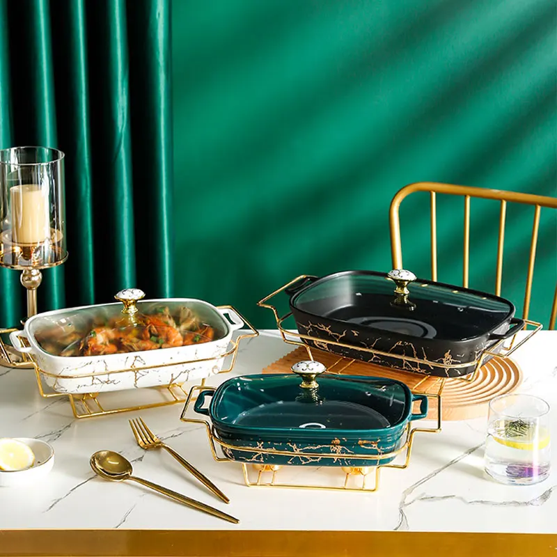 Factory direct selling golden casserole marble ceramic hotel tableware buffet soup set with rack insulation