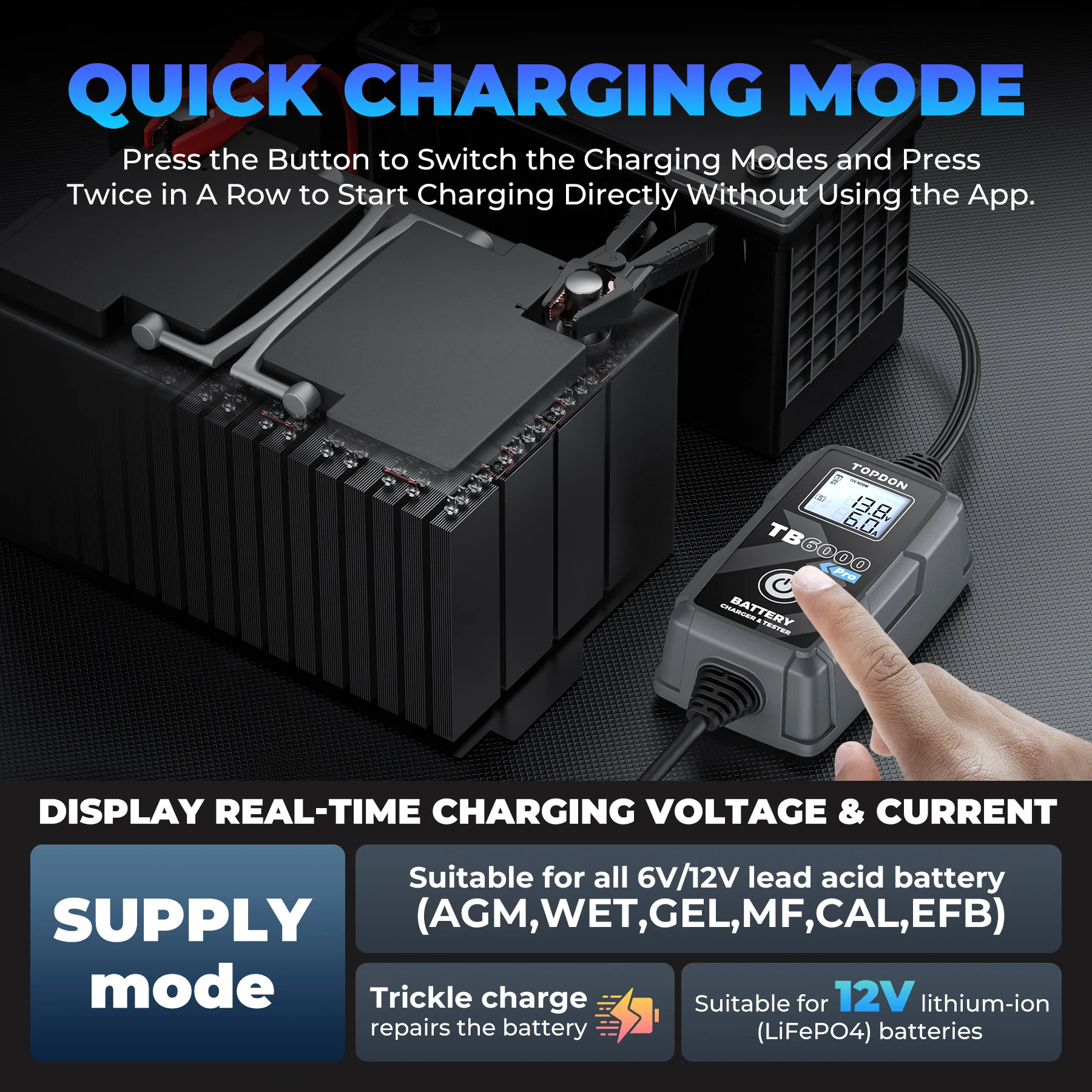 TOPDON New Design TB6000 Pro 12v 6a Intelligent Smart Car Motorcycle Battery Charger With Lcd Pulse Repair For Auto Motorcycle