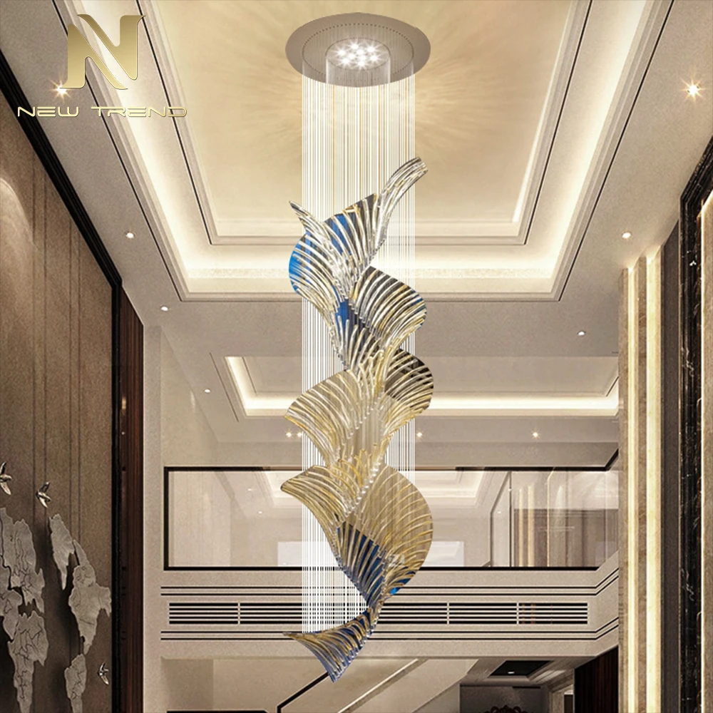 Custom Indoor Indoor Gold Glass Ceiling Hanging Light Hotel Lobby Villa Staircase LED Chandelier