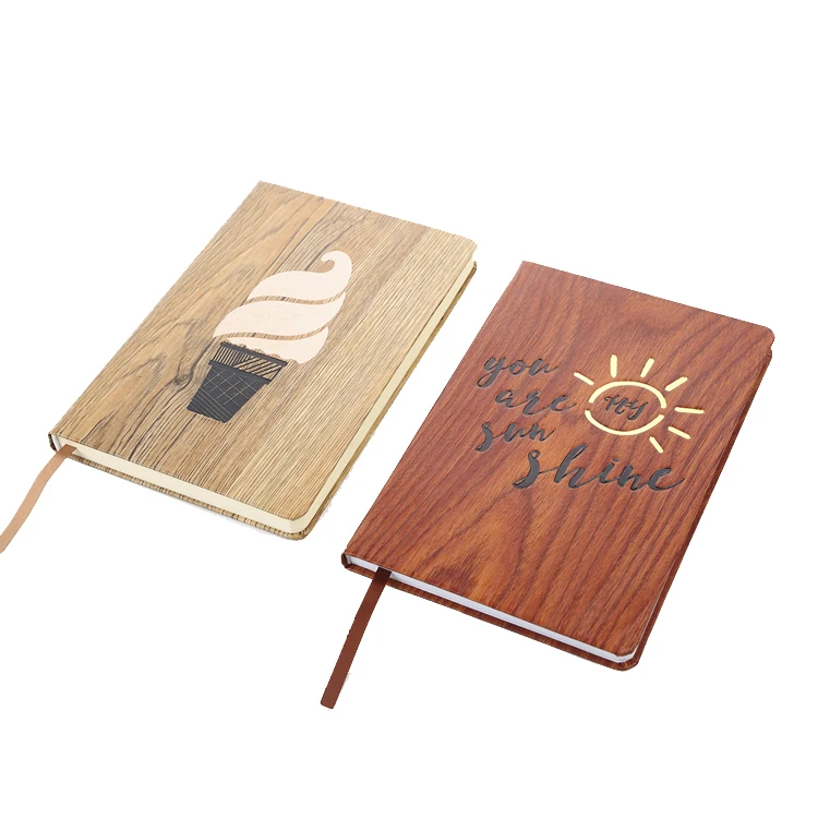 Promotion custom printed logo wooden looks leather hard cover with ribbon mark note book notebook