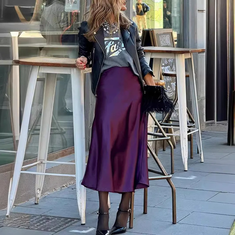 Channel Good Quality Casual Elegant High Waist A Line Silky Satin Midi Skirts For Women