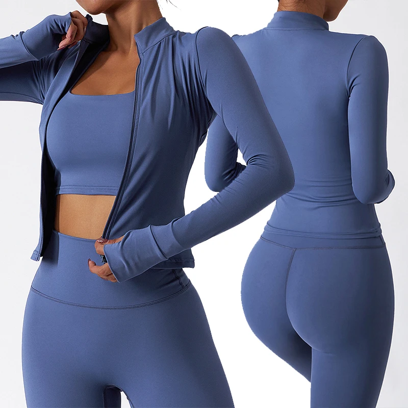 Wholesale Fitness Clothes For Gym Wear Women Sets 3 Pieces Yoga Jackets Workout Leggings Sports Bras Top Sportswear Set