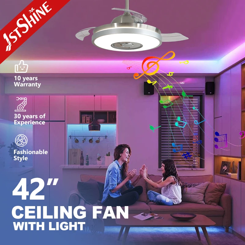1stshine LED ceiling fan hot selling HIFI speaker remote control smart retractable ceiling fan with RGB light