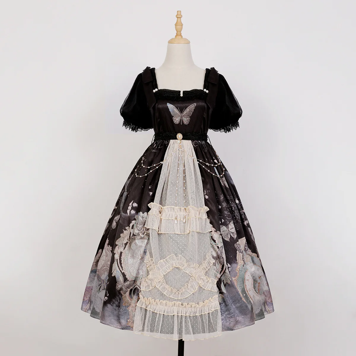 Square neck tight waist vintage retro gothic royal dress patchwork bow knot lolita dresses for women