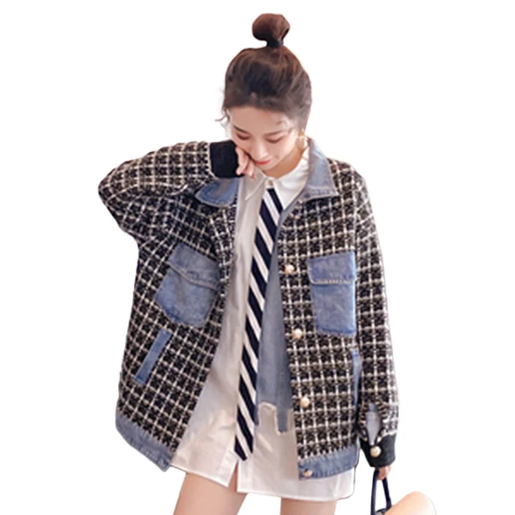 Casual lapel long sleeve button cuff pocket small fragrance stitching denim jacket