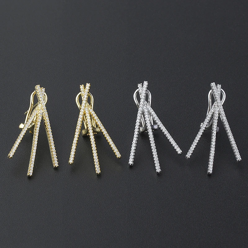 925 18k plated geometric gold earrings zircon stone hot ladies earrings jewelry cross line 5a cz sterling silver cuff ear stud