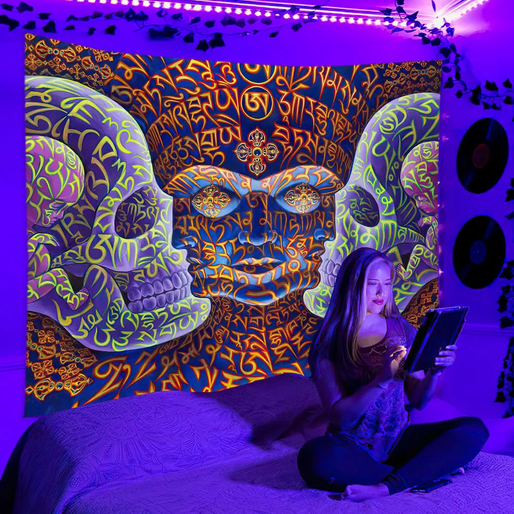 Wall Skull Tapestry Decor UV Reactive Black Light Colorful Mushroom Night Glowing Tapestries for Bedroom