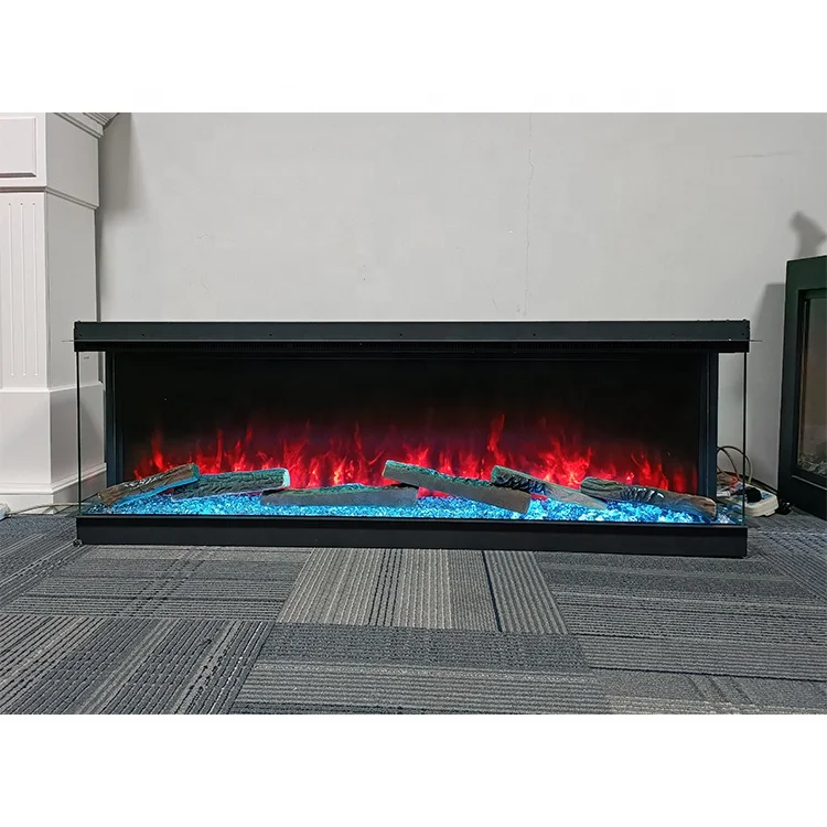 60 inch 3 Sided Electric Fires Heater Decorative 3D LED Flame Crushed Diamond Wall  Mirror Fireplace Electric