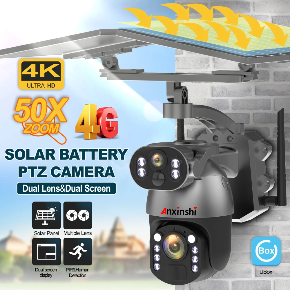 Беспроводная Солнечная ptz-камера 50x zoom двойная панель наружная 4g с двойным объективом 4k HD