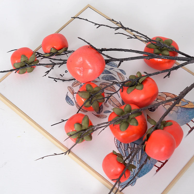 Hot new products ins Simulation Persimmon for Hotel Wedding Decorative Living RoomHome Flower arrangement Fruit Branches Plant