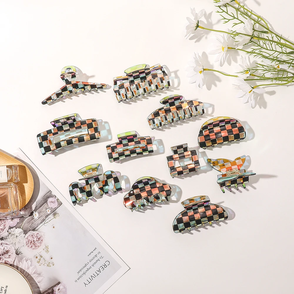 New Fashion Design Acrylic Hairgrips Retro Bright Grid Hair Claw Clip For Women