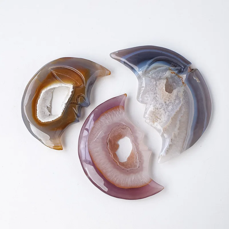 Wholesale gemstone crafts natural druzy agate geode moon face carving for home decoration