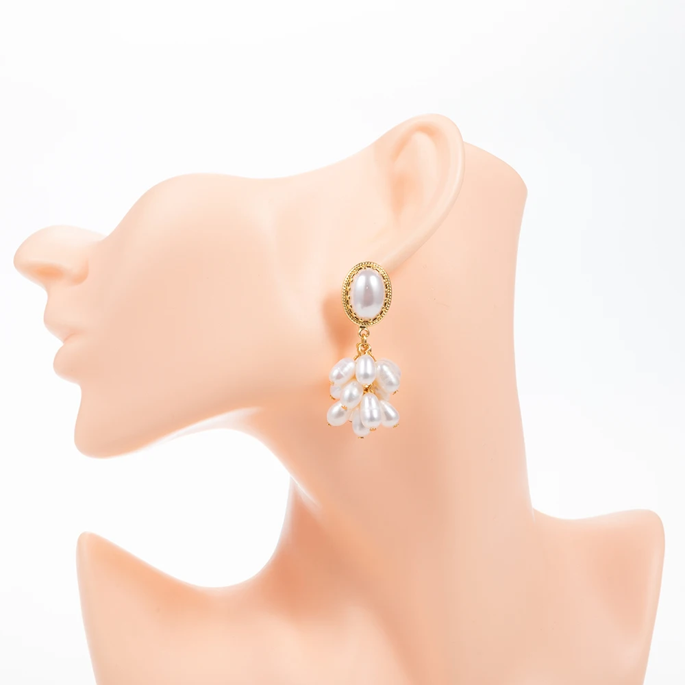Fashion 14k 18k pure real gold plated oval pearl dangling natural freshwater pearls cluster stud earrings for women jewelry