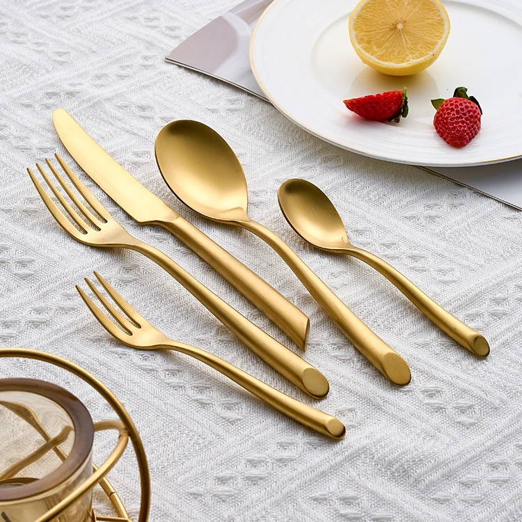 Heavy Weight Thick Handle Golden Matte Flatware Stainless Steel Wedding Event Cutlery Set