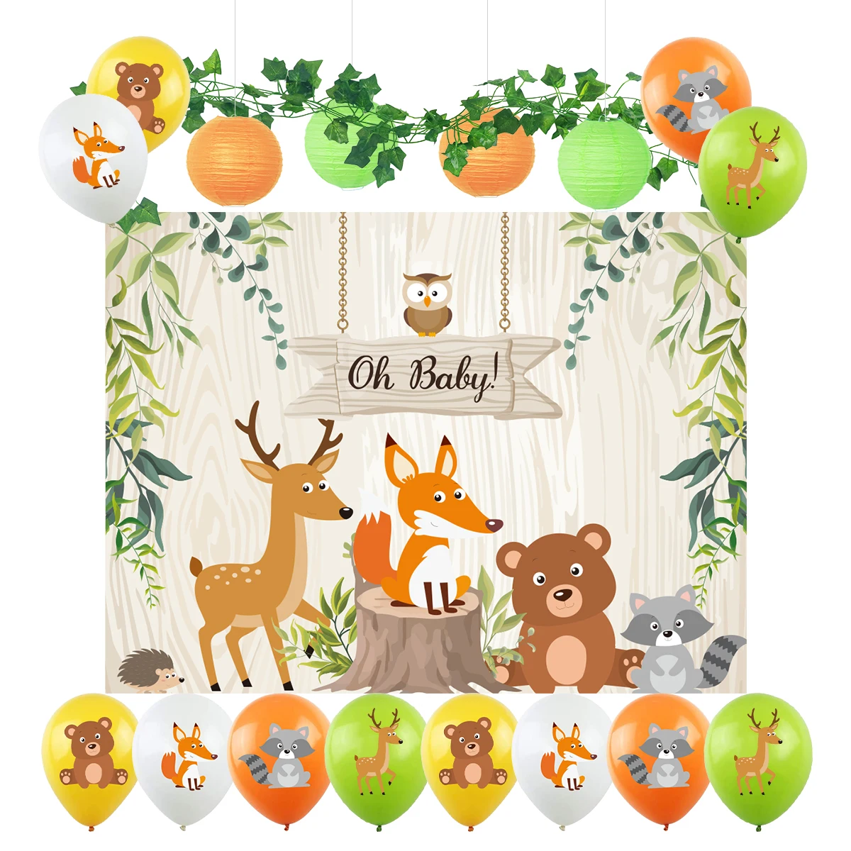 Umiss 2022 Woodland Baby Shower  backdrop Background Banner Balloon  Paper Lantern  for Party Supplies