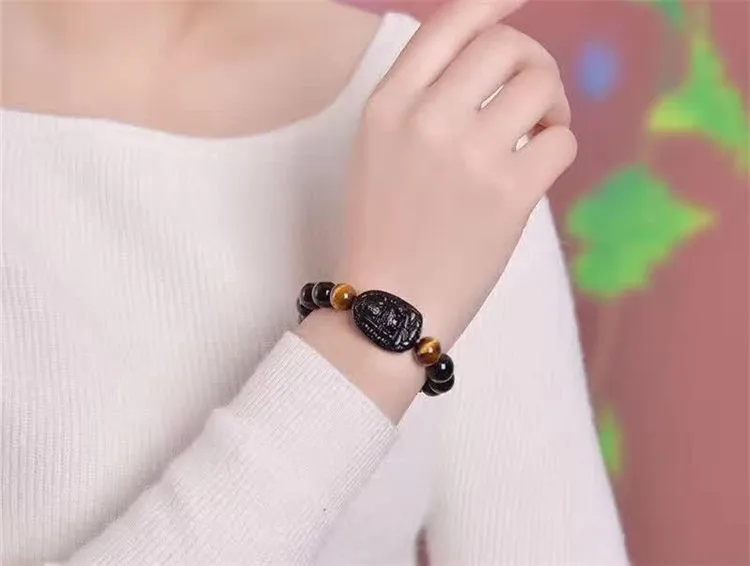 Natural Obsidian Carving Eight Patron Saint Lucky Amulet 10mm Round Bead Bracelet For Women Men Bracelet