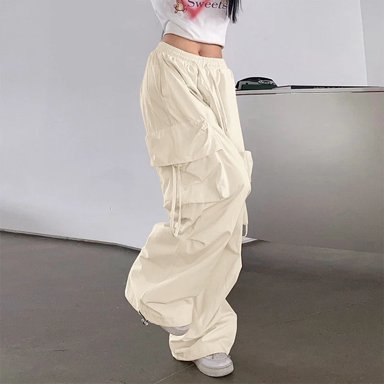 Custom OEM Manufacturer Vintage Pockets High Waist Streetwear baggy Casual ladies Long parachute Cargo Pant for women Trousers
