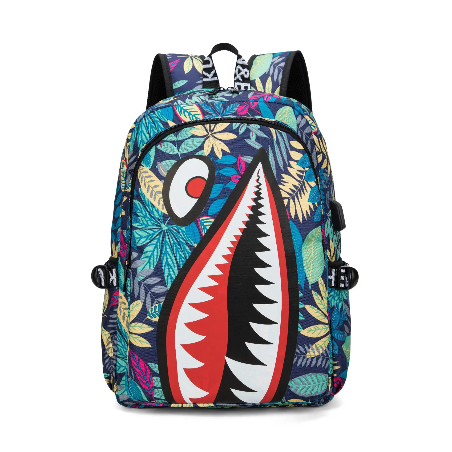 Unisex Custom Printed Oxford Shark Backpack with Zipper Closure and USB Port Personalized Polyester Lining for Students