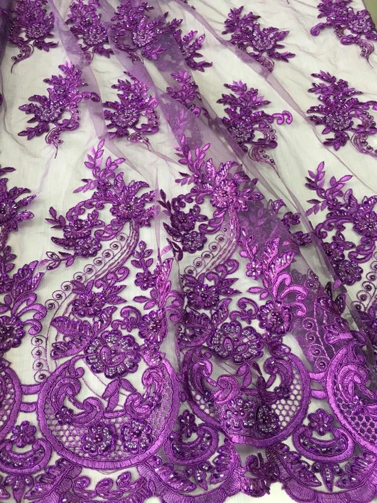high quality purple beaded lace fabric heavy hand embroidered beaded tulle lace evening dress fabric wholesale, shaoxing fabric