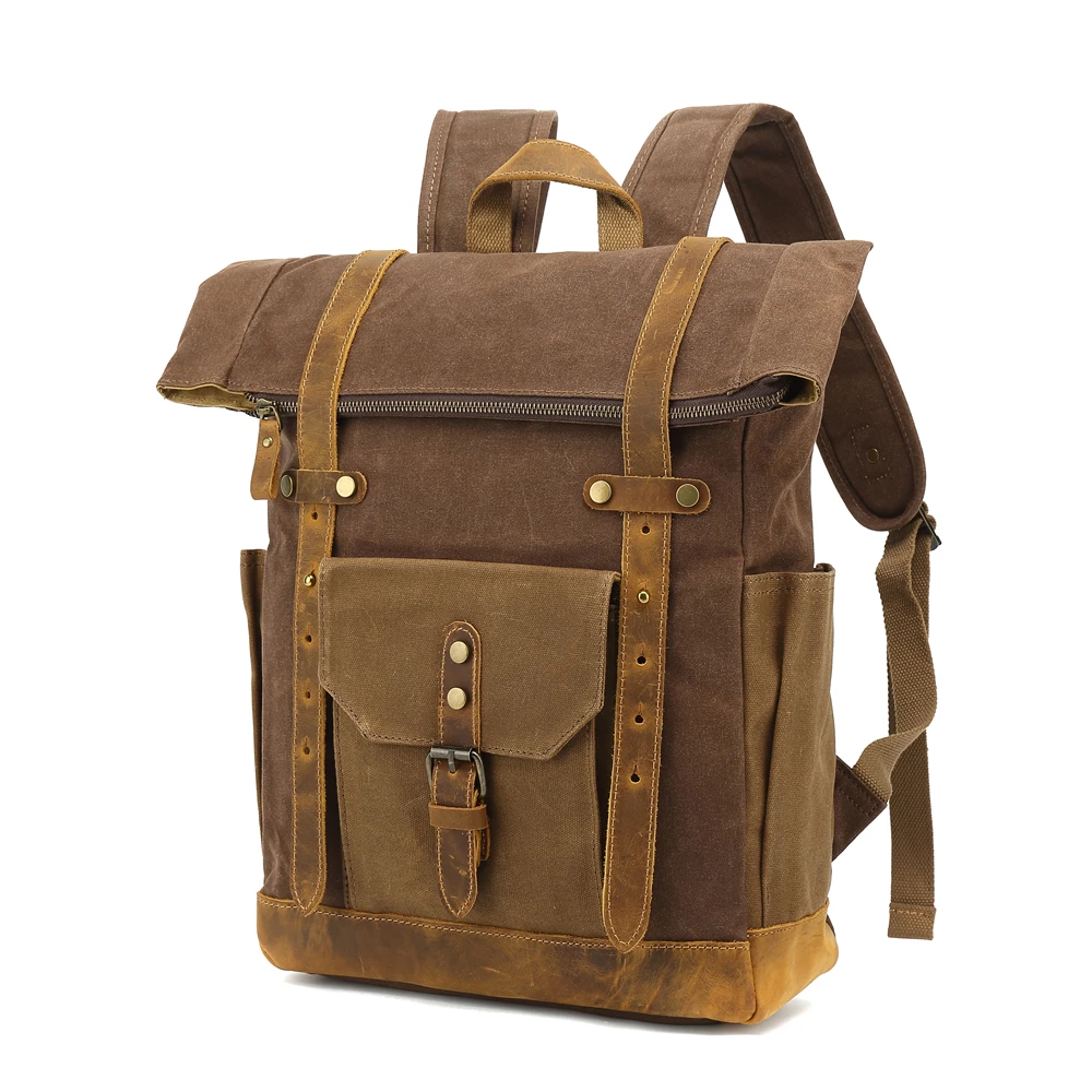Custom recycled Rpet polyester roll top Travel Casual Rucksack backpack waterproof waxed canvas with cowhide leather backpack
