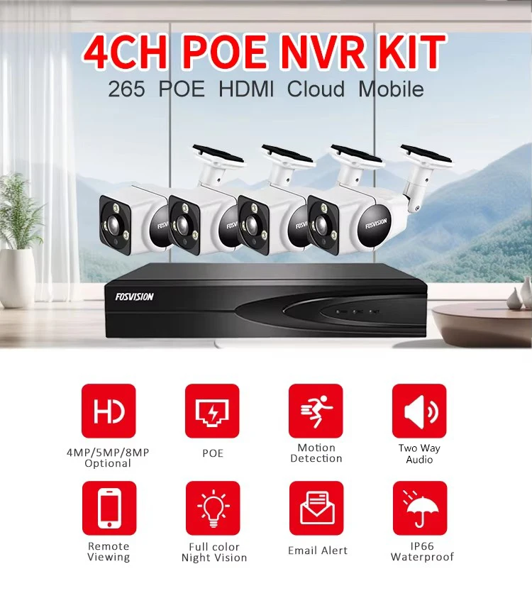 Fosvision Hd Video Surveillance 4K/8mp Ip Poe Camera System 4ch Poe Nvr Camera Kit Set 4 Channel Nvr Home Security Cctv System