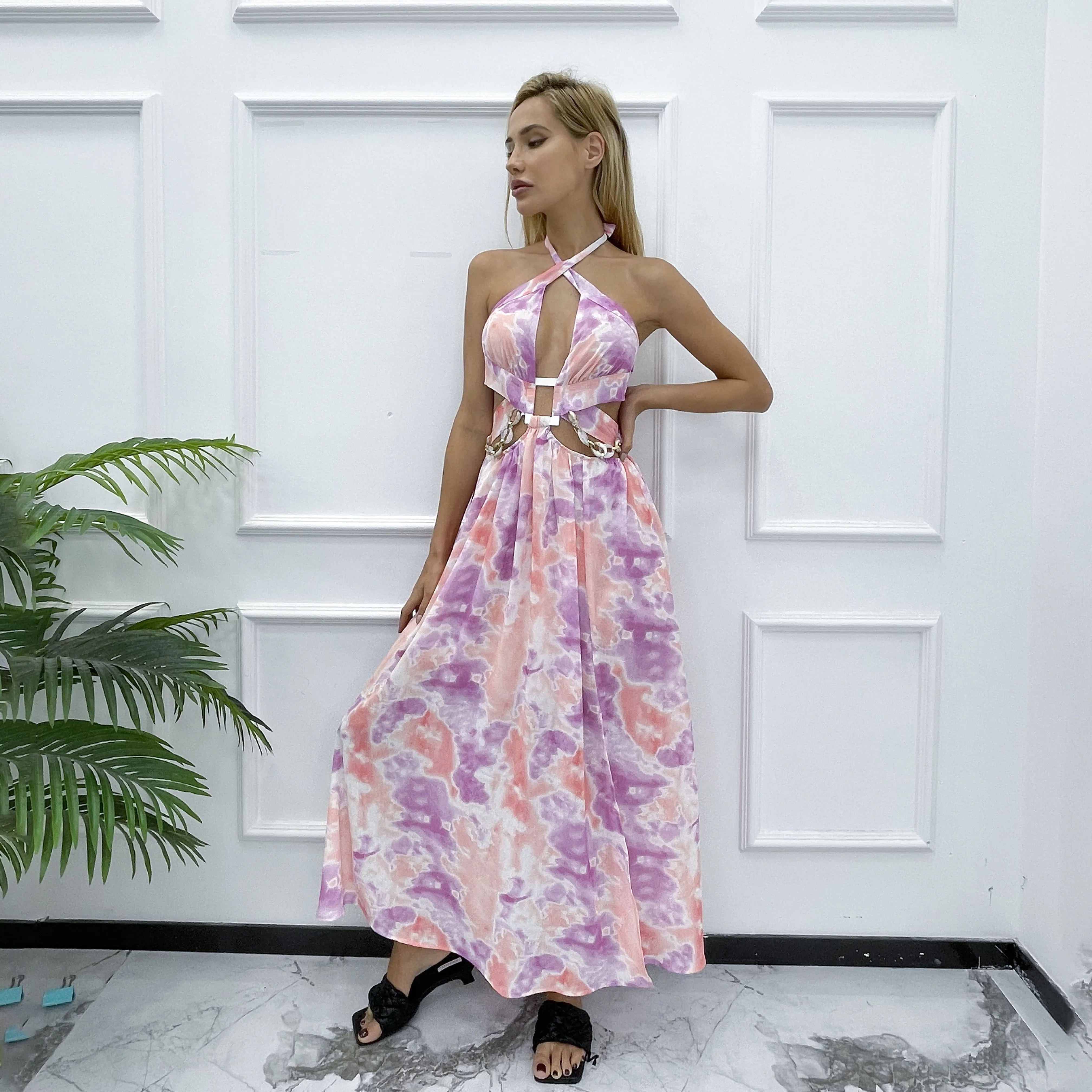 custom straps backless hollow out Halter print slit summer vacation casual midi dresses women