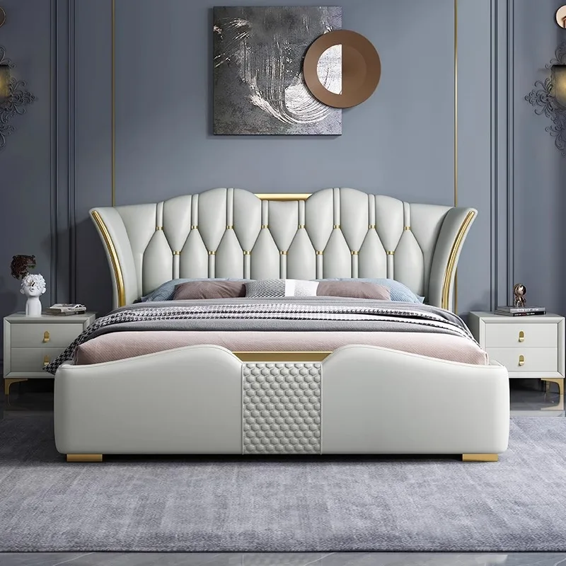 Luxury Italian Faux Leather Platform King And Queen Size Bed With Storage And Drawers For Bed Room Comfortable Sleeping