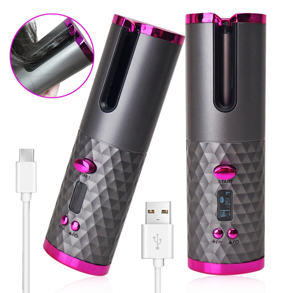 Automatic Curling Iron Cordless Hair Curler with 6 Temps Rechargeable Rotating Curling Iron Portable Curling Wand