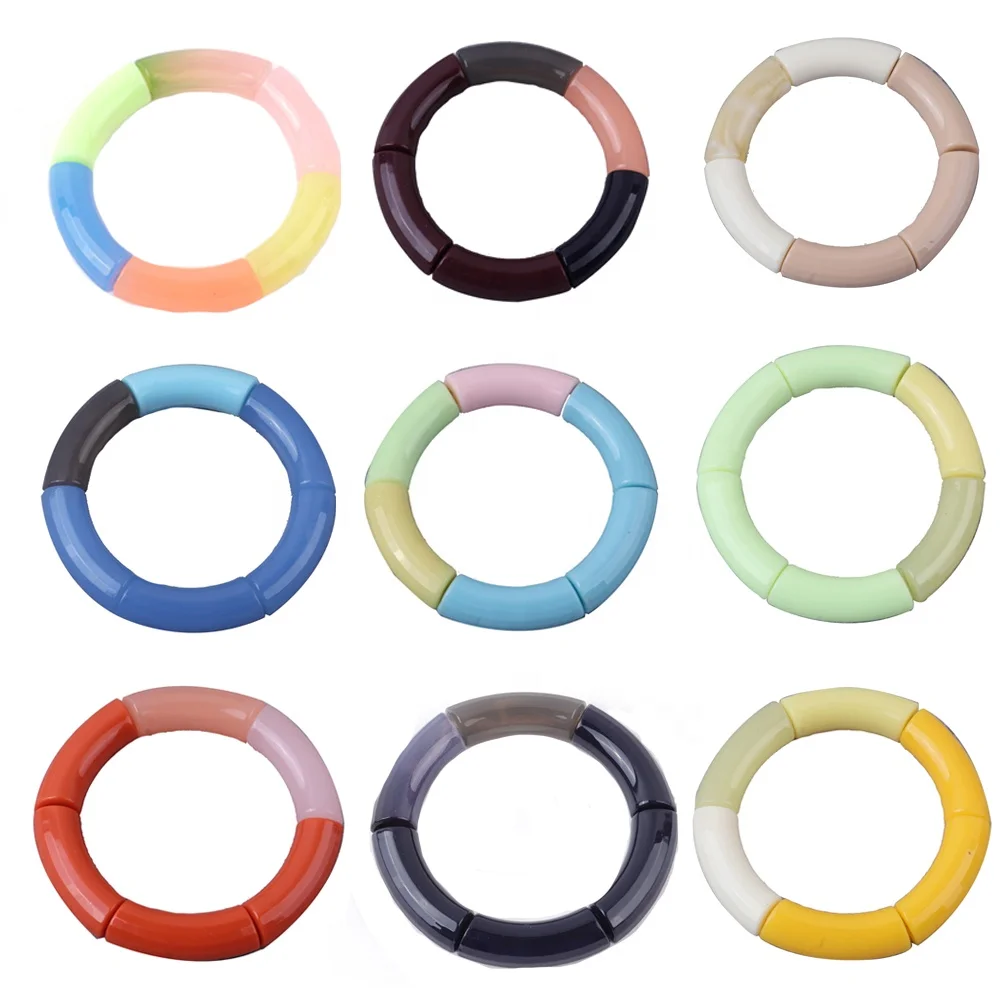 Brief Casual Round Big Stretched Bracelet Candy Color Acrylic Bamboo Tube Beads Stack Elastic Bracelets Bangles Party Jewelry