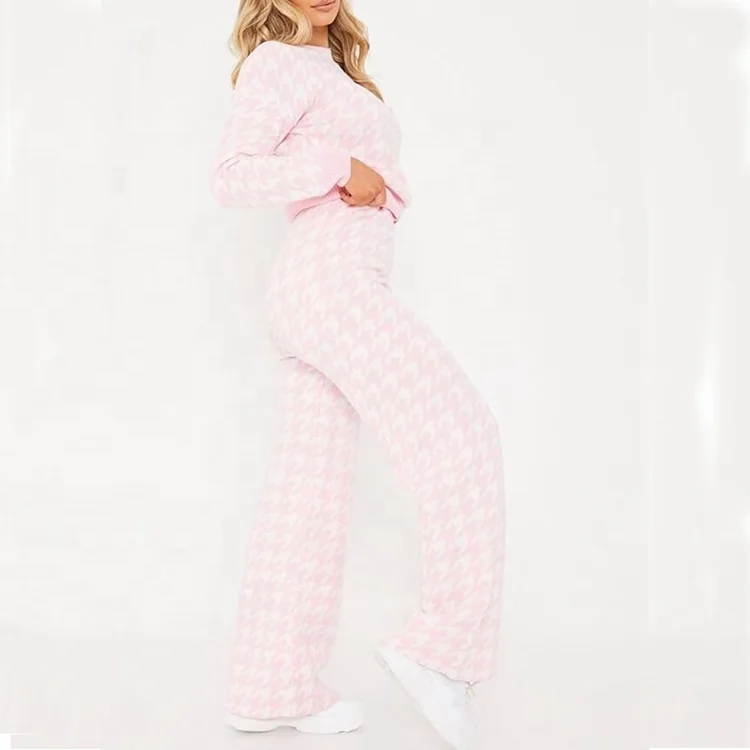 OEM custom pattern Women ladies slash neck long sleeve loungewear co-ord tracksuit 2 piece set ribbed cotton womens loungewear