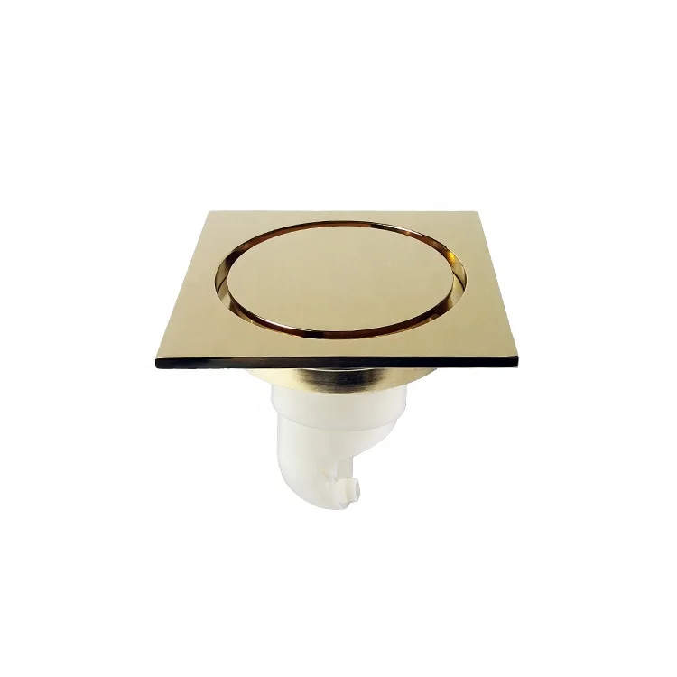 Luxury 4 inch square design hotel copper gold plated floor drain with strainer