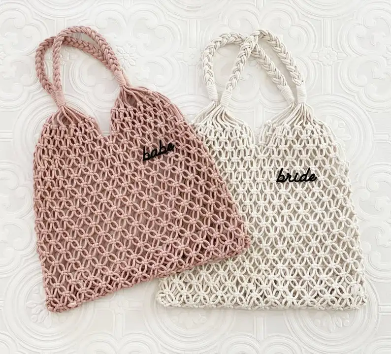 Bride Beach Bag Boho Bride Gift Macrame Bag Cotton Rope Crochet Summer Handbag for women Customize Large Crochet Bags