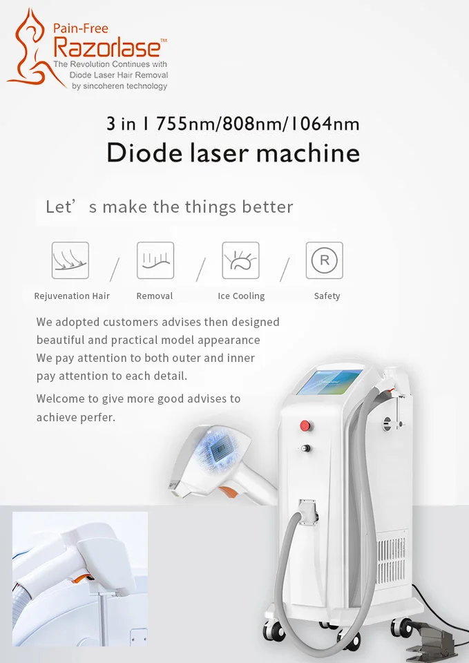 The most modern technology to remove unwanted hair completely and permanently, 755 808 1064 3 wavelength