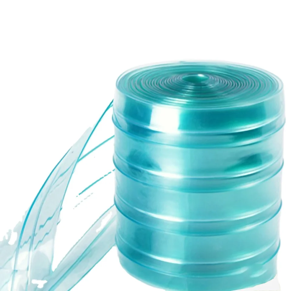 Wholesale 3mm Thick Soft Clear Transparent PVC Door Curtain Strip UV Printed in Blue Yellow and Ribbed Colors