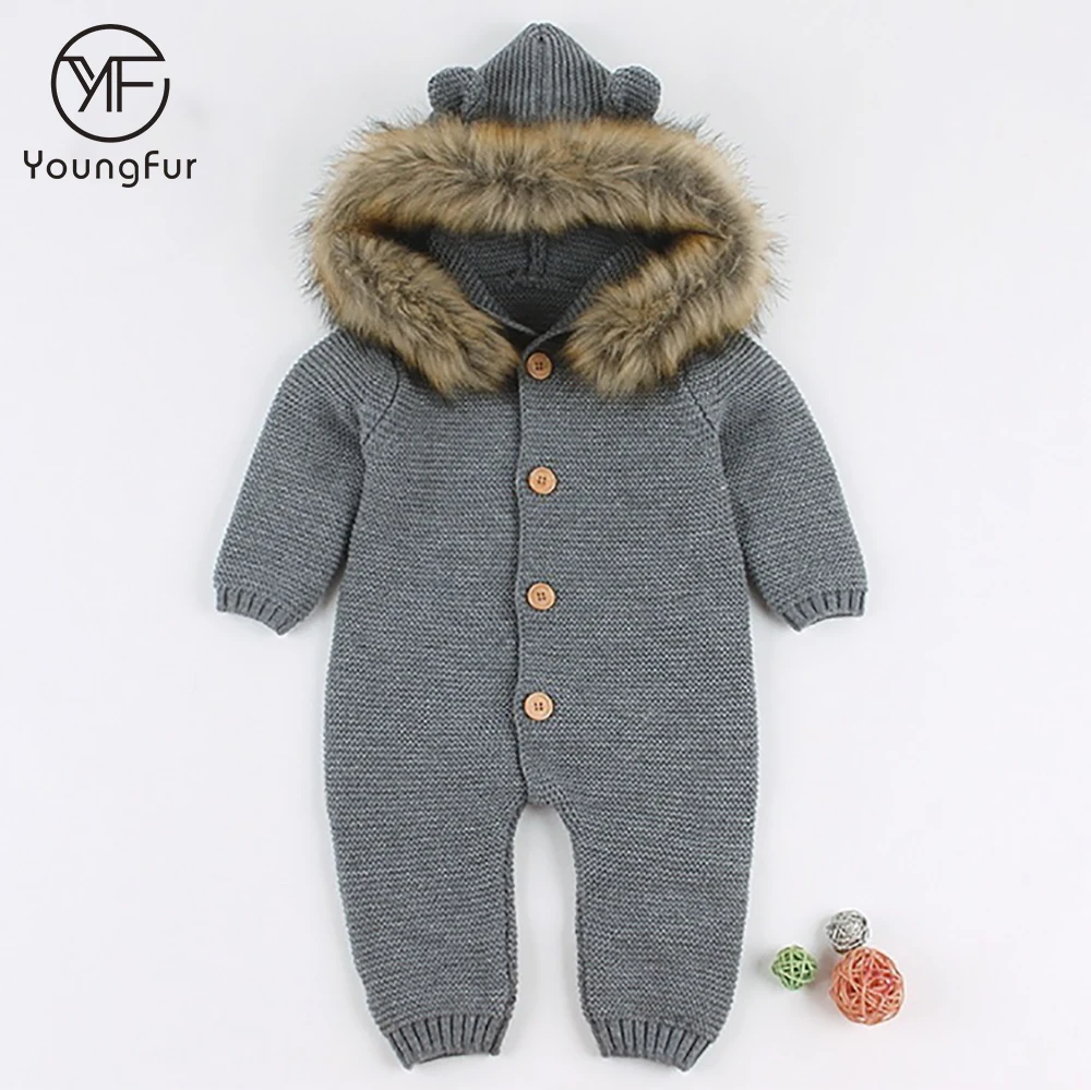 Unisex Baby Rompers Spring Autumn Knitwear Toddler Clothes Raccoon Fur Trim Hooded Newborn Baby Rompers Winter