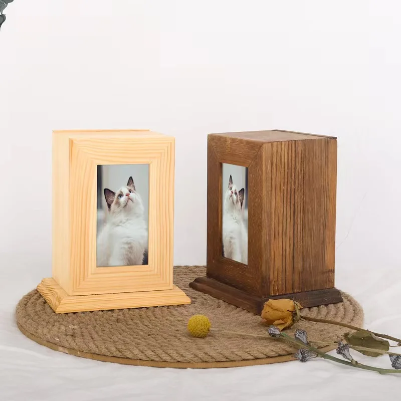 Wholesale customized cross-border animal solid wood pet commemorative cinerary box with photo frame dog cat pet cremation box