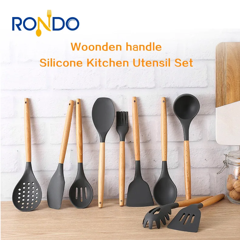 Wholesale 12 Pieces In 1 Set Silicone Kitchen Cooking Tools Stand Kitchenware BBQ Eco Silicone Wooden Kitchen Utensils
