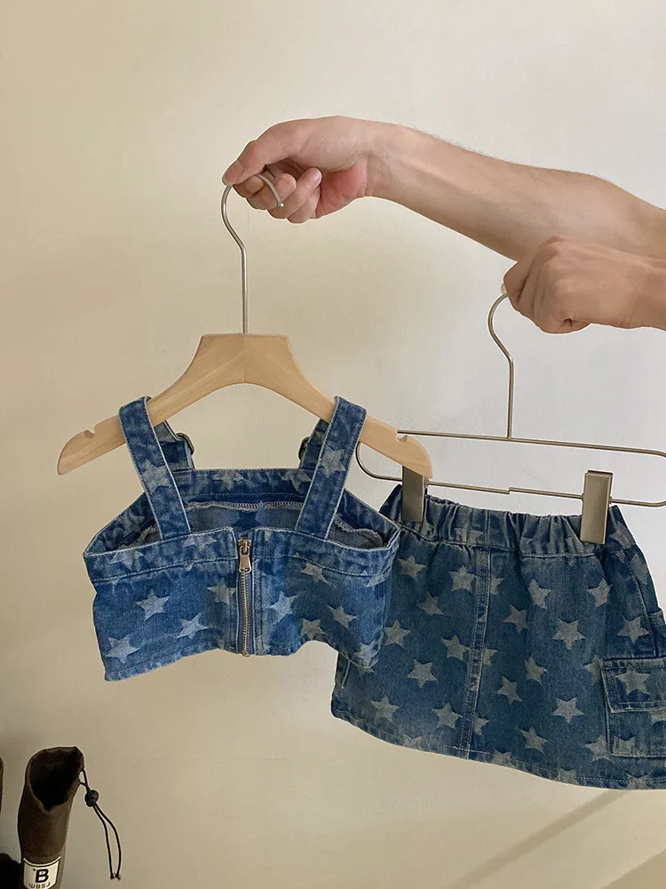 2024 New Summer Toddler Children Girl 2 pcs Sleeveless Outfit Set Cute Stars Print Crop Top + Skirt Denim Set 2-7 Years