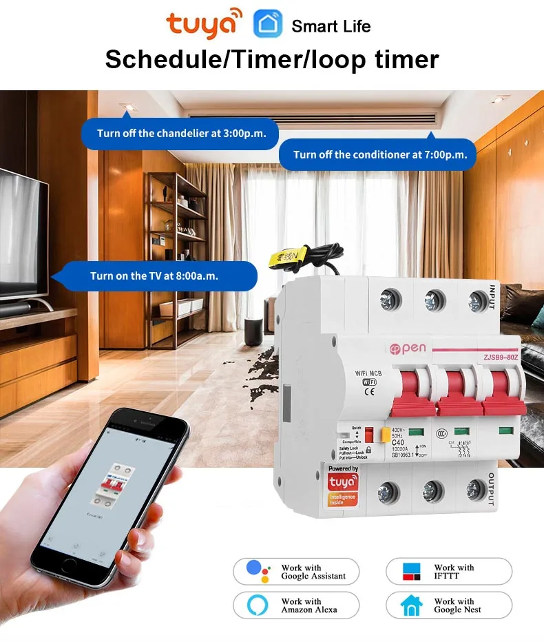 Tuya smart life  3P 400V Amanzon Alexa and Google home remote control din rail modular  wifi mcb circuit breaker