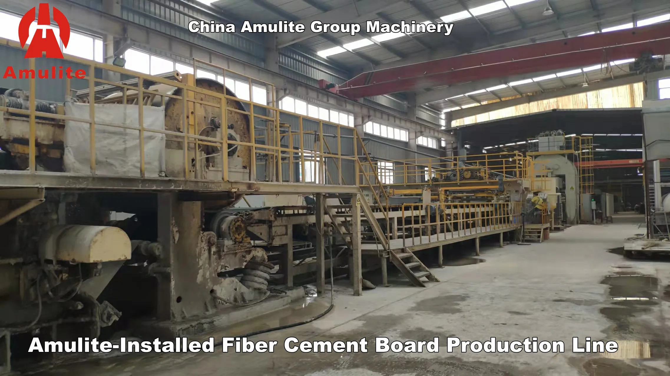 China Amulite Group Machinery Alternative Fiber Cement Board Production Line Making Laminating Edge Trimming  Machines