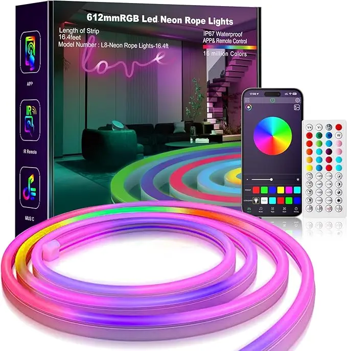 Tuya High Quality AC110-240V Rgbic Rgb Led Neon Rope Light Ip65 Outdoor Waterproof Flex Neon Rgb Strip Alex Control