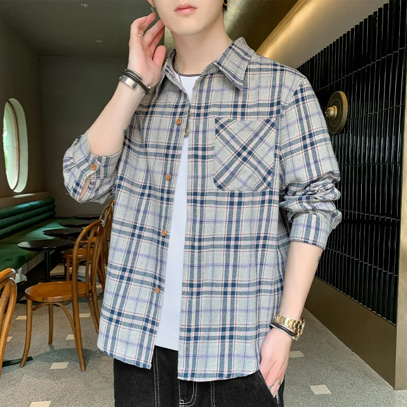 japanese style shirt long sleeve 2021 winter cargo shirts for men casual single-breasted plaid loose shirt men