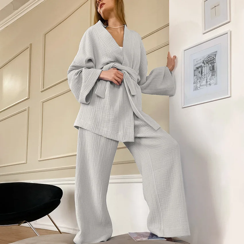China Suppliers Casual Loose Cotton Women Pajamas Long Sleeve Solid Color Ladies Sleepwear