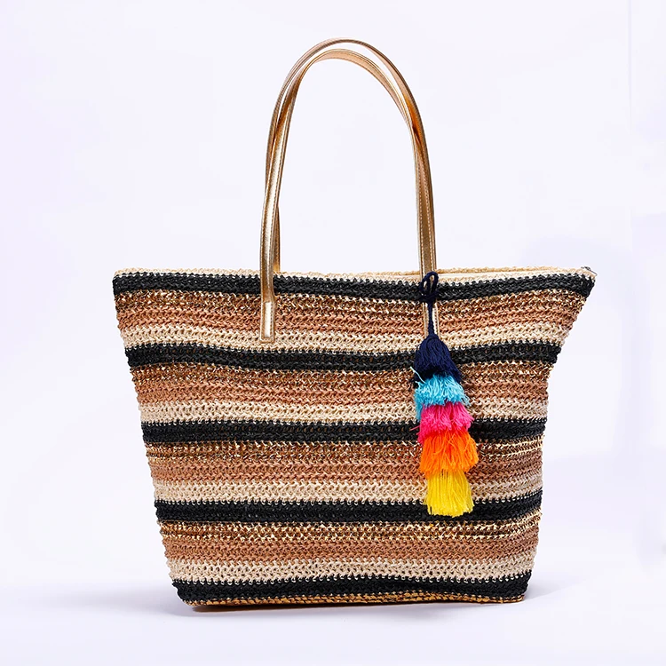 Factory Cheap Price Paper Material Hand Knitted Crochet Bag For Sale Handcraft Tote Crochet Bags With Pompon Beach Bag