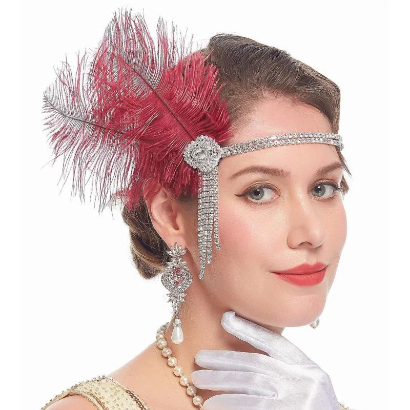HZO-23041 Retro Flapper Feather Headband Great Gatsby Headpiece Art Hair Accessories Feather and Rhinestone Headband