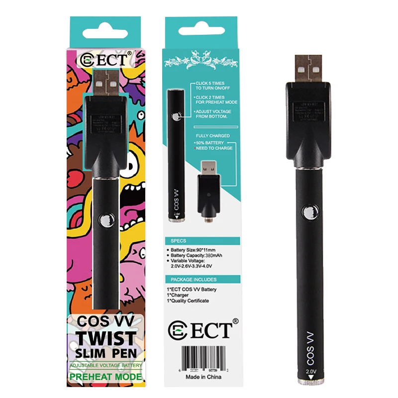 
Fast shipping ECT Cos VV variable voltage 2.0-2.6-3.3-4v slim e-cig vaporizer battery kit wholesale price cbd battery 