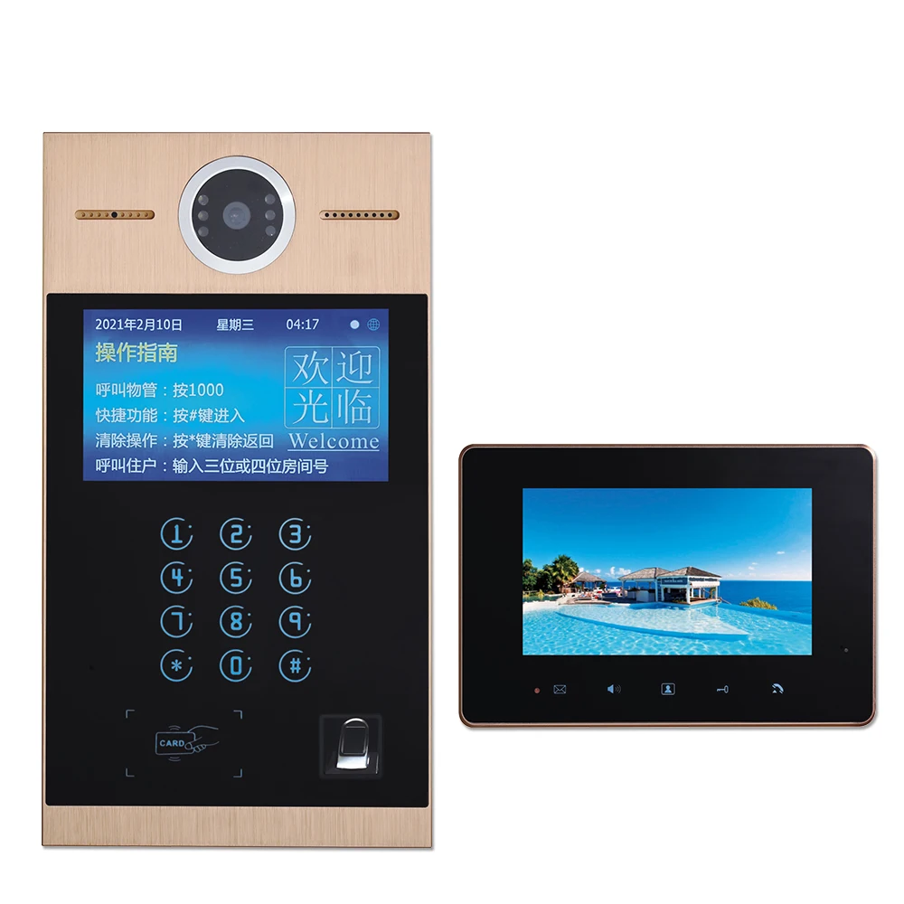 CAT5 access control system 7 inch video door bell phone Camera multi-unit apartment video building intercom system fingerprint